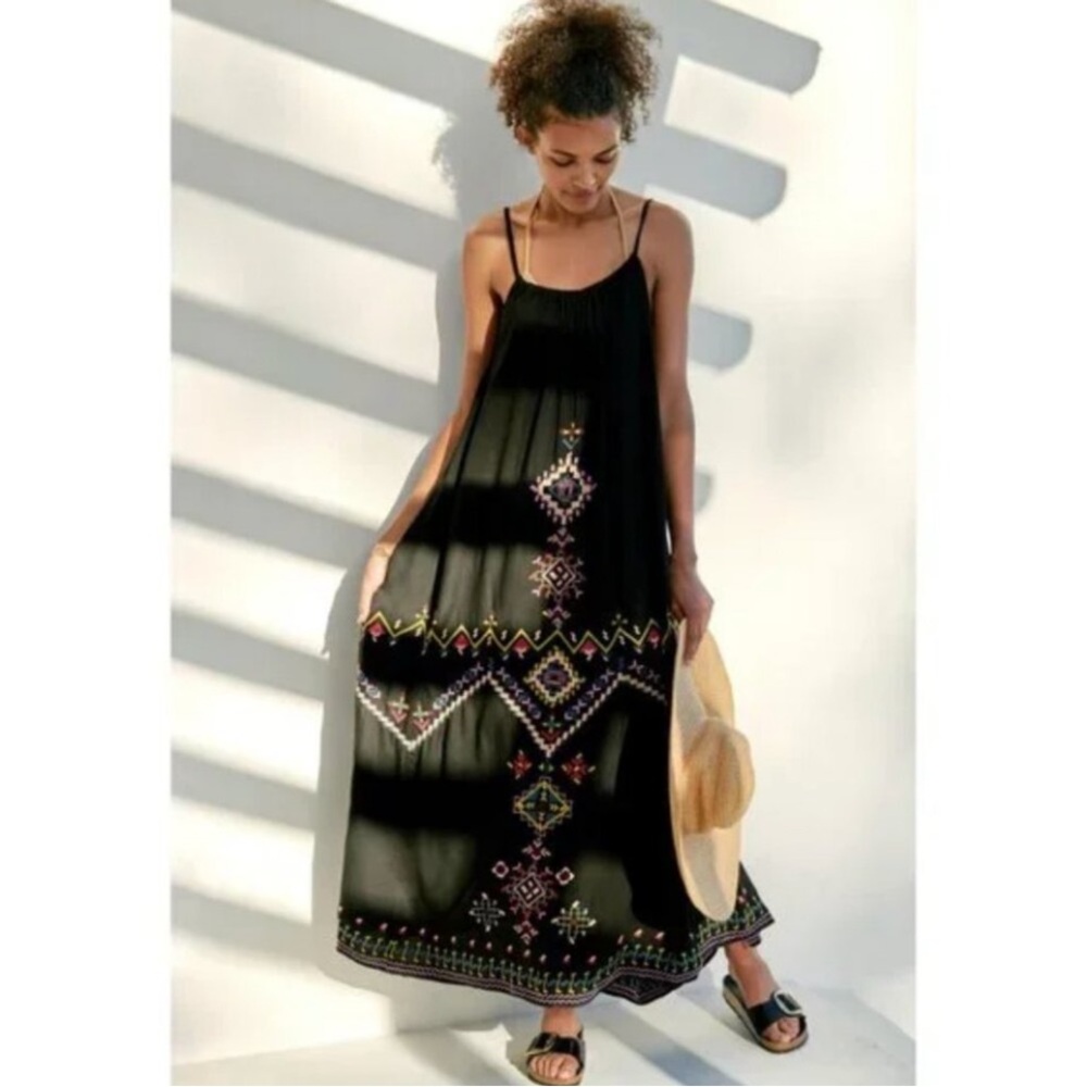 Anthropologie Embroidered Tie Strap Maxi Dress w/ Pockets Size: S - Picture 3 of 12